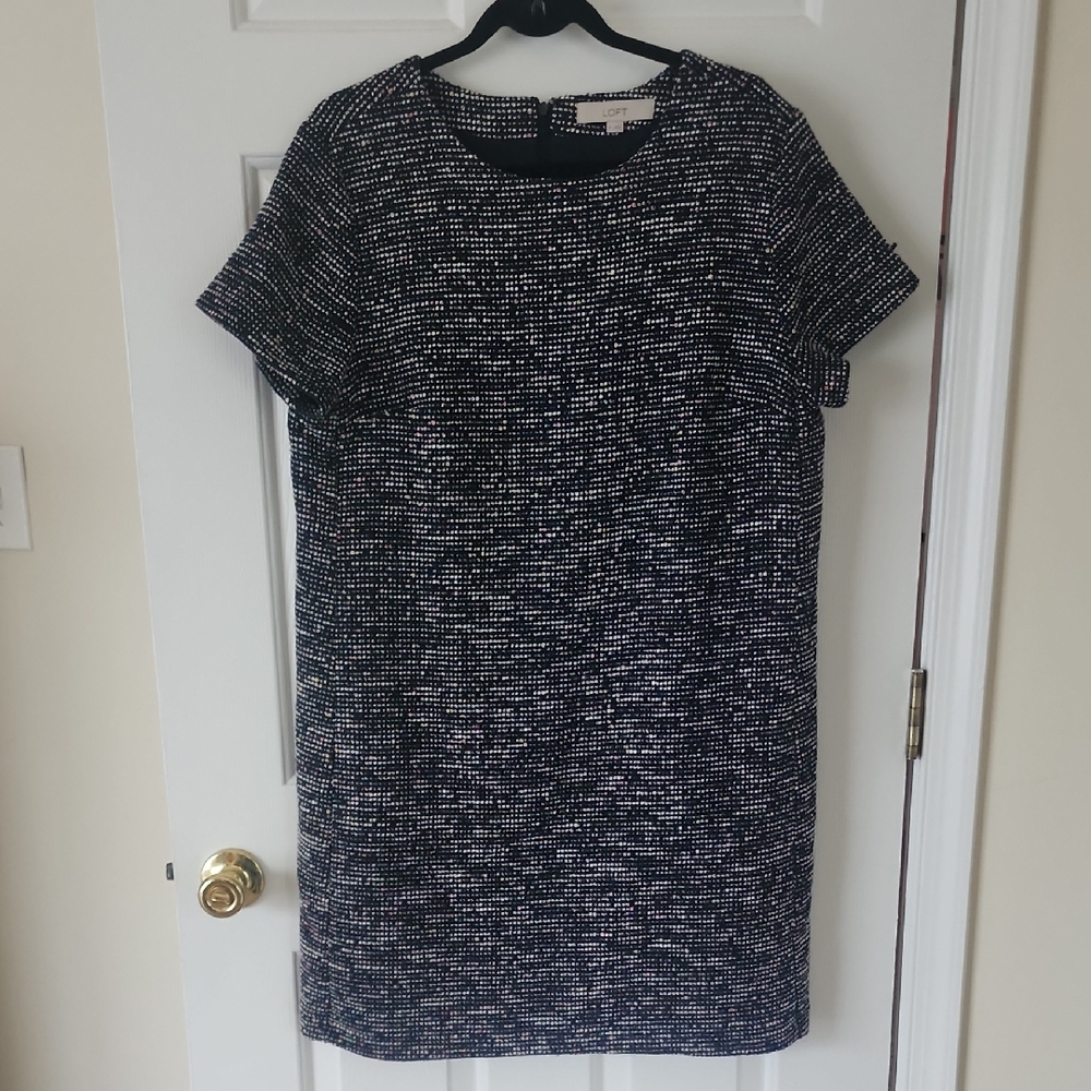 LOFT Navy and White Textured Shift Dress